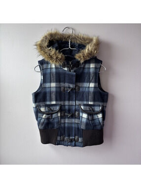 Old Navy Plaid Faux Fur Hooded Vest Y2K